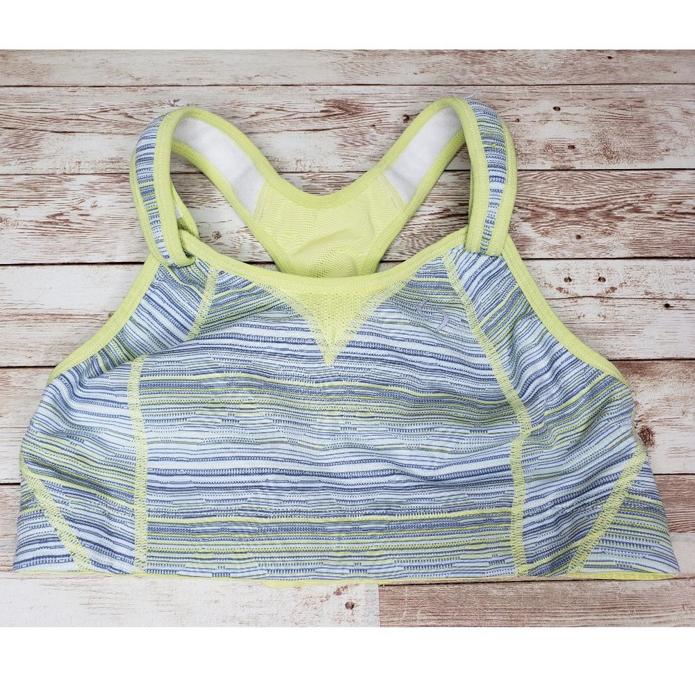 Brooks Moving Comfort 34B Rebound Racer Sports Bra Yellow Gray Adjustable